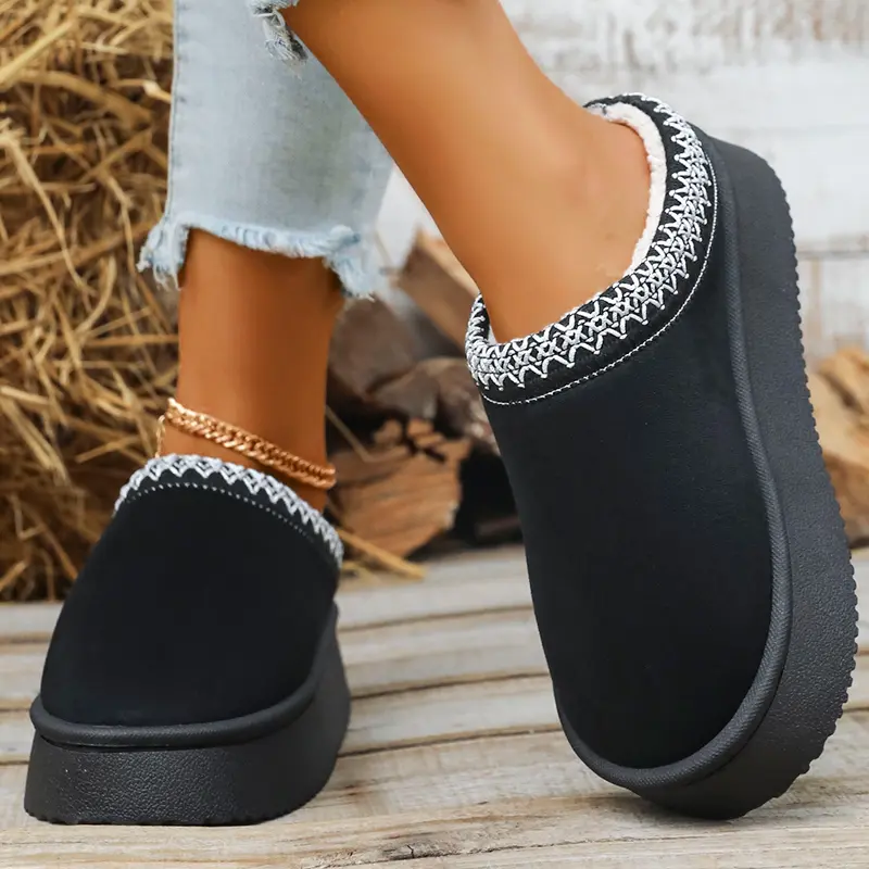 Faux Suede Stripe Decor Indoor Slippers Women Winter Warm Thicken Plush Cotton Slippers Woman Thick Sole Chunky Platform Slides