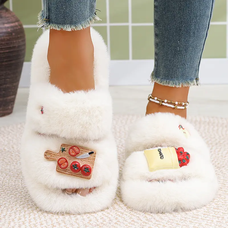 Cartoon Faux Fur Cotton Slippers for Women Thicken Plush Thick Sole Warm Indoor Slippers Winter Comfort Non Slip Flat Slides