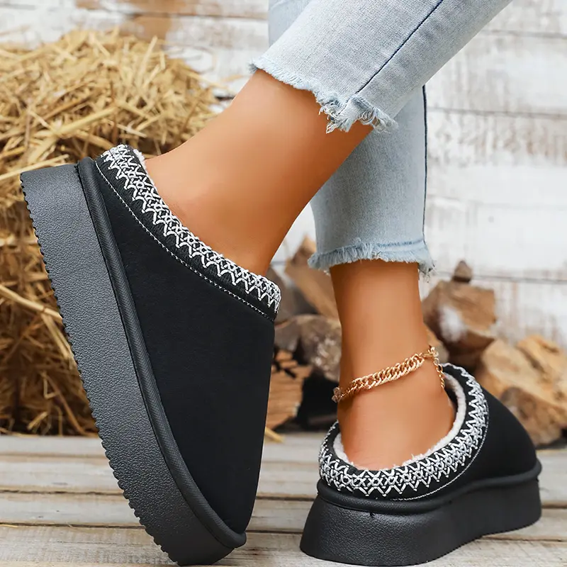 Faux Suede Stripe Decor Indoor Slippers Women Winter Warm Thicken Plush Cotton Slippers Woman Thick Sole Chunky Platform Slides