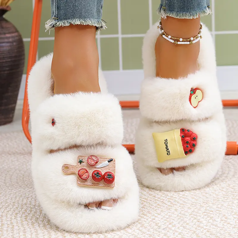 Cartoon Faux Fur Cotton Slippers for Women Thicken Plush Thick Sole Warm Indoor Slippers Winter Comfort Non Slip Flat Slides