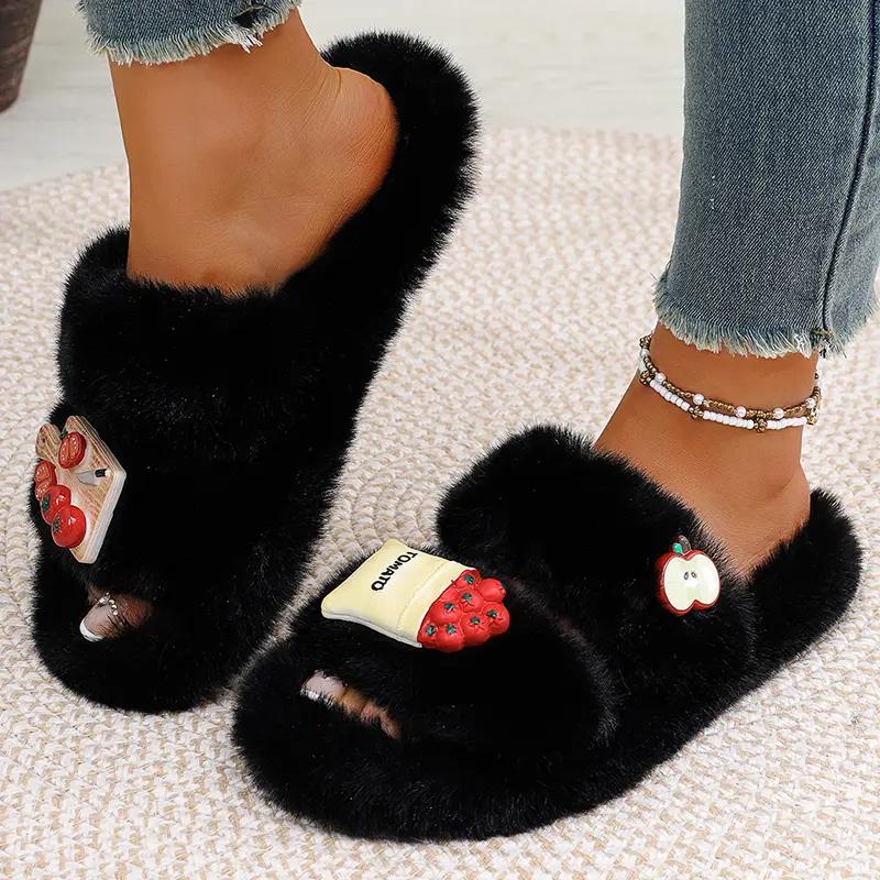 Cartoon Faux Fur Cotton Slippers for Women Thicken Plush Thick Sole Warm Indoor Slippers Winter Comfort Non Slip Flat Slides