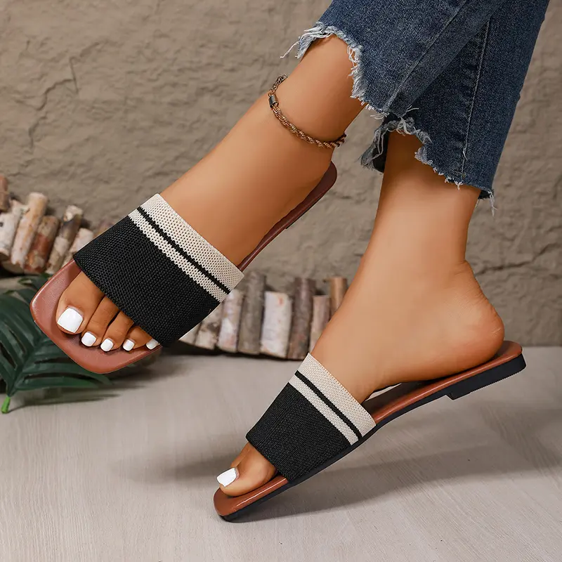 Fashion Mixed Colors Stripe Flat Slippers Women Light Soft Sole Non Slip Indoor Slippers Plus Size Comfort Square Toe Slides