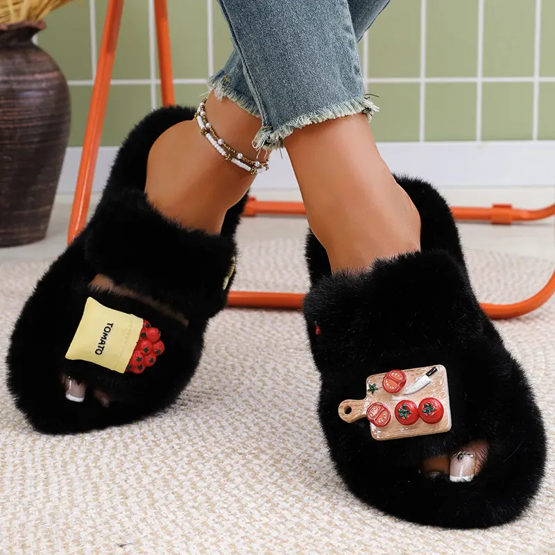 Cartoon Faux Fur Cotton Slippers for Women Thicken Plush Thick Sole Warm Indoor Slippers Winter Comfort Non Slip Flat Slides