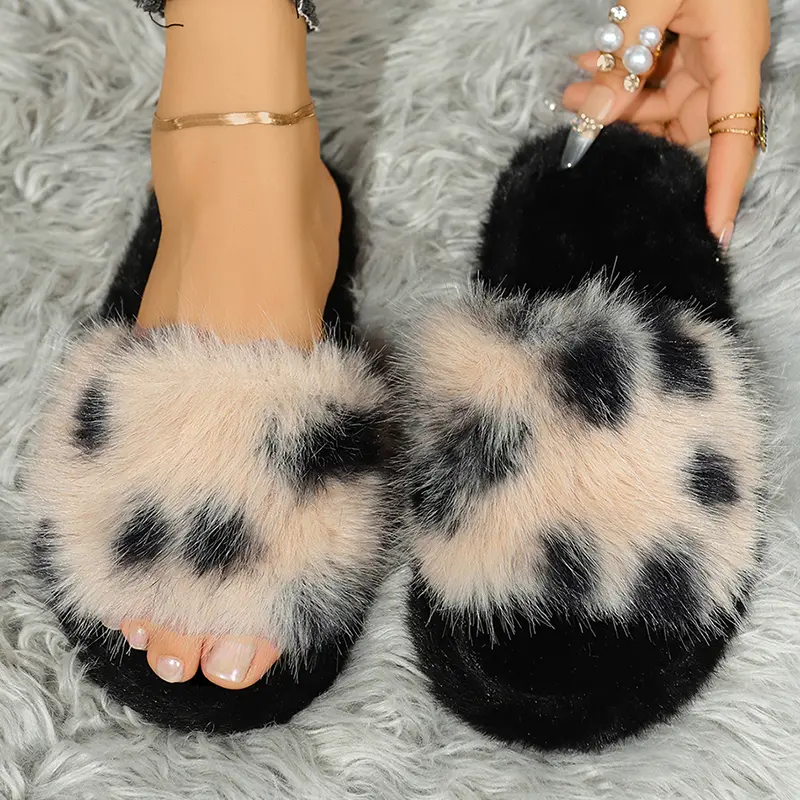 Fluffy Fur Mixed Colors Cotton Slippers Women Light Soft Sole Non Slip Indoor Slippers Woman Winter Warm Comfort Plush Slides