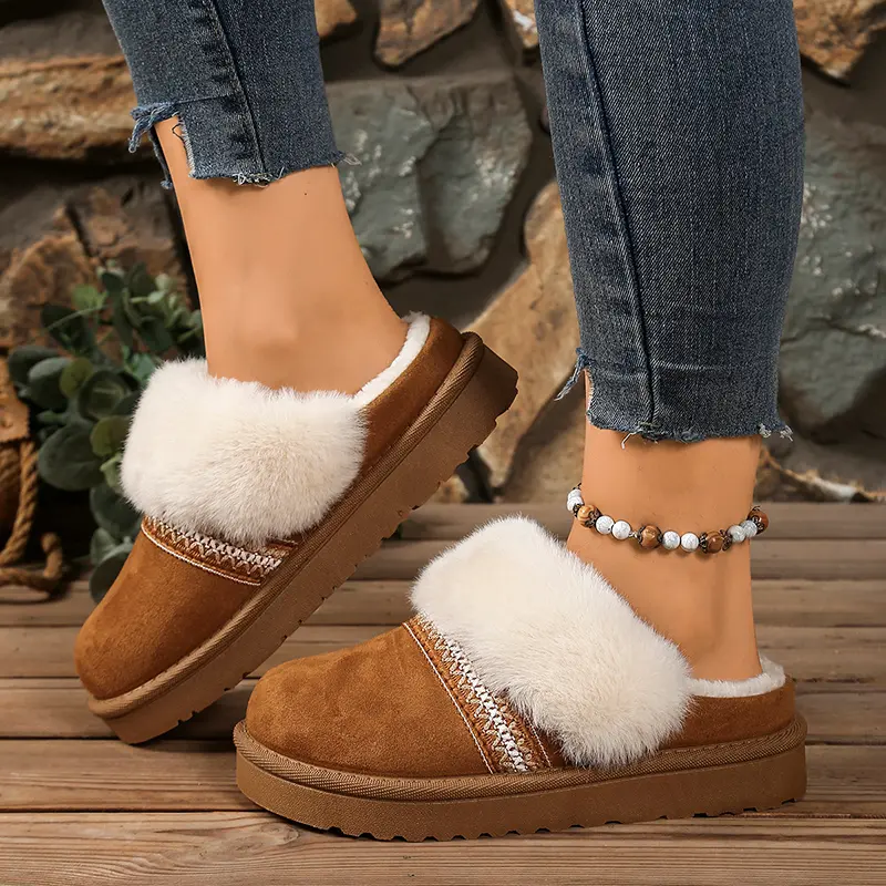 Stripe Faux Fur Platform Cotton Slippers Women Faux Suede Thicken Plush Home Slippers Winter Warm Thick Sole Anti Slip Slides