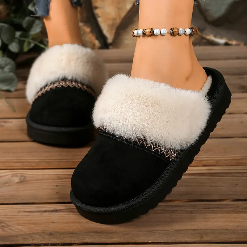 Stripe Faux Fur Platform Cotton Slippers Women Faux Suede Thicken Plush Home Slippers Winter Warm Thick Sole Anti Slip Slides