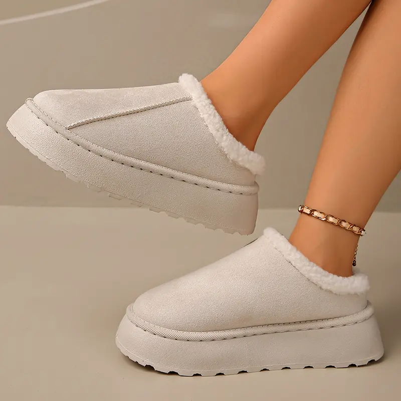Winter Warm Thick Sole Non Slip Indoor Slippers Women Faux Suede Thicken Plush Cotton Slippers Plus Size Chunky Platform Slides