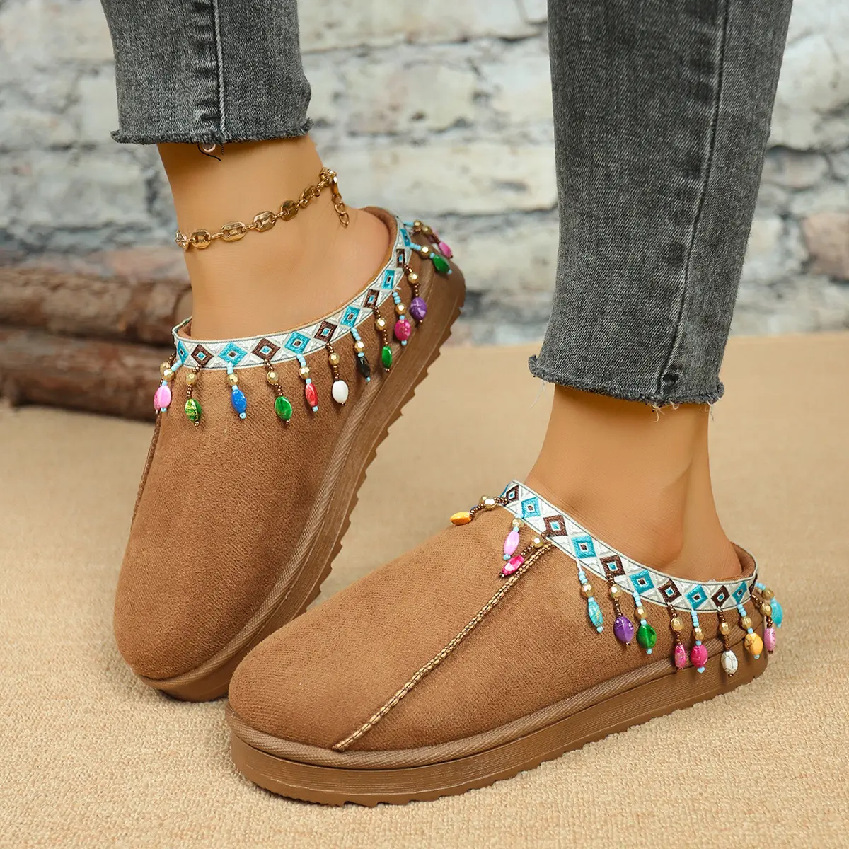 Bohemian Style Decor Platform Cotton Shoes Women 2025 Winter Warm Plush Closed Toe Slippers Woman Thick Bottom Outdoor Slippers