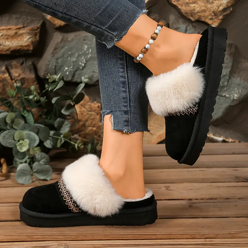 Stripe Faux Fur Platform Cotton Slippers Women Faux Suede Thicken Plush Home Slippers Winter Warm Thick Sole Anti Slip Slides