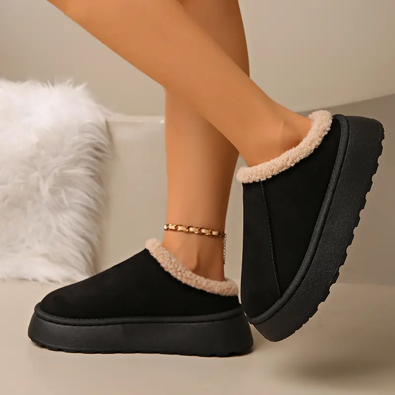 Winter Warm Thick Sole Non Slip Indoor Slippers Women Faux Suede Thicken Plush Cotton Slippers Plus Size Chunky Platform Slides