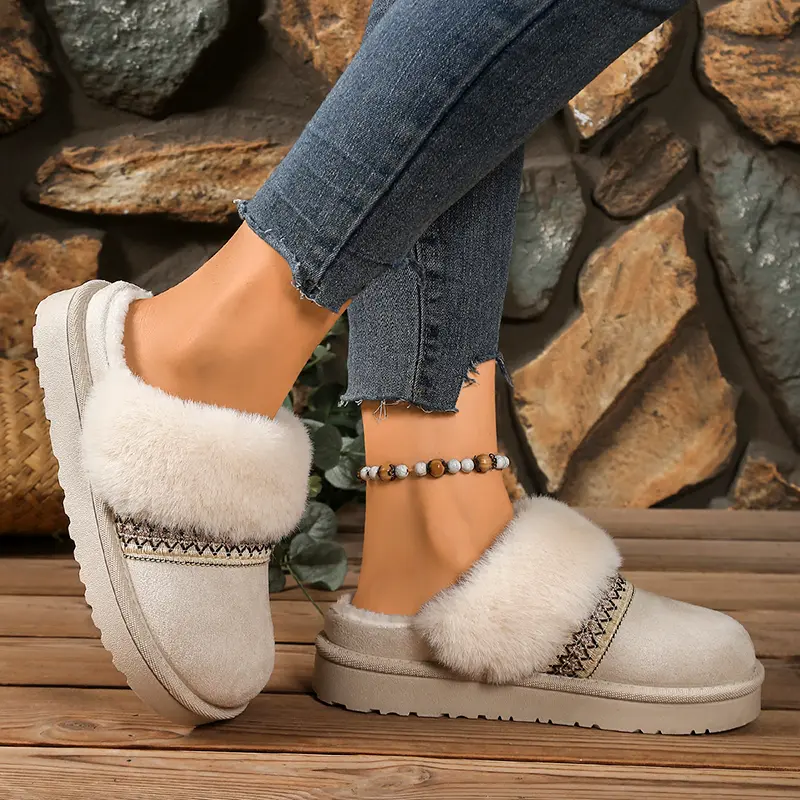 Stripe Faux Fur Platform Cotton Slippers Women Faux Suede Thicken Plush Home Slippers Winter Warm Thick Sole Anti Slip Slides