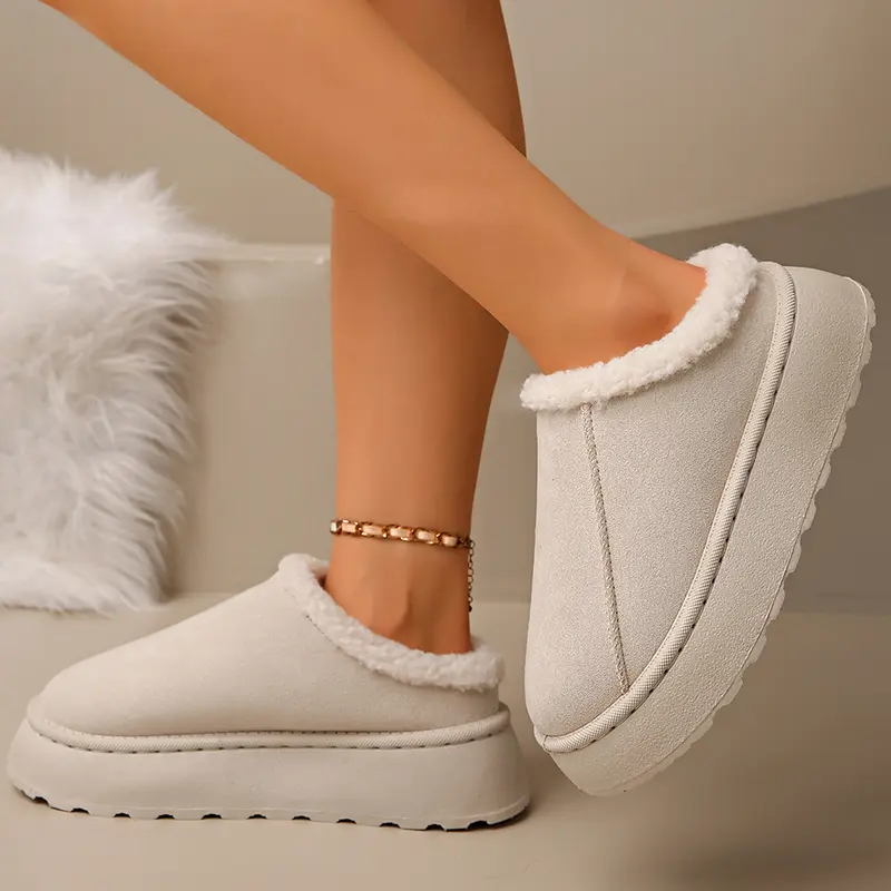 Faux Suede Winter Warm Snow Boots Women Plus Size Thicken Plush Cotton Padded Slippers Thick Sole Non Slip Platform Casual Shoes