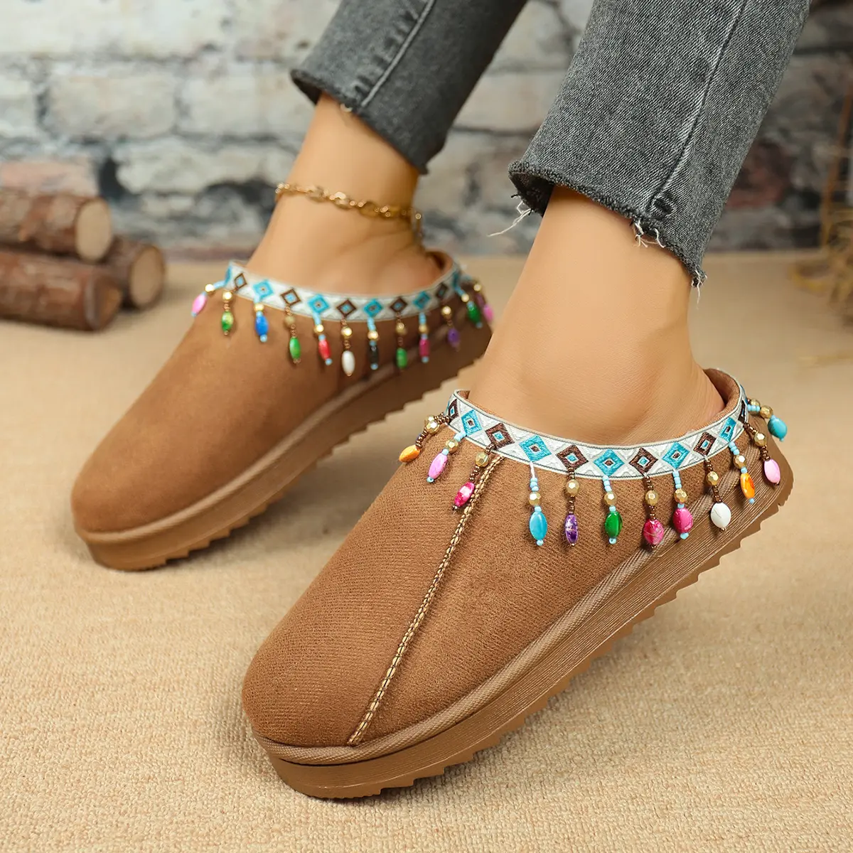 Bohemian Style Decor Platform Cotton Shoes Women 2025 Winter Warm Plush Closed Toe Slippers Woman Thick Bottom Outdoor Slippers