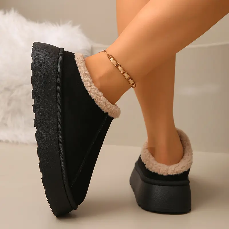 Winter Warm Thick Sole Non Slip Indoor Slippers Women Faux Suede Thicken Plush Cotton Slippers Plus Size Chunky Platform Slides