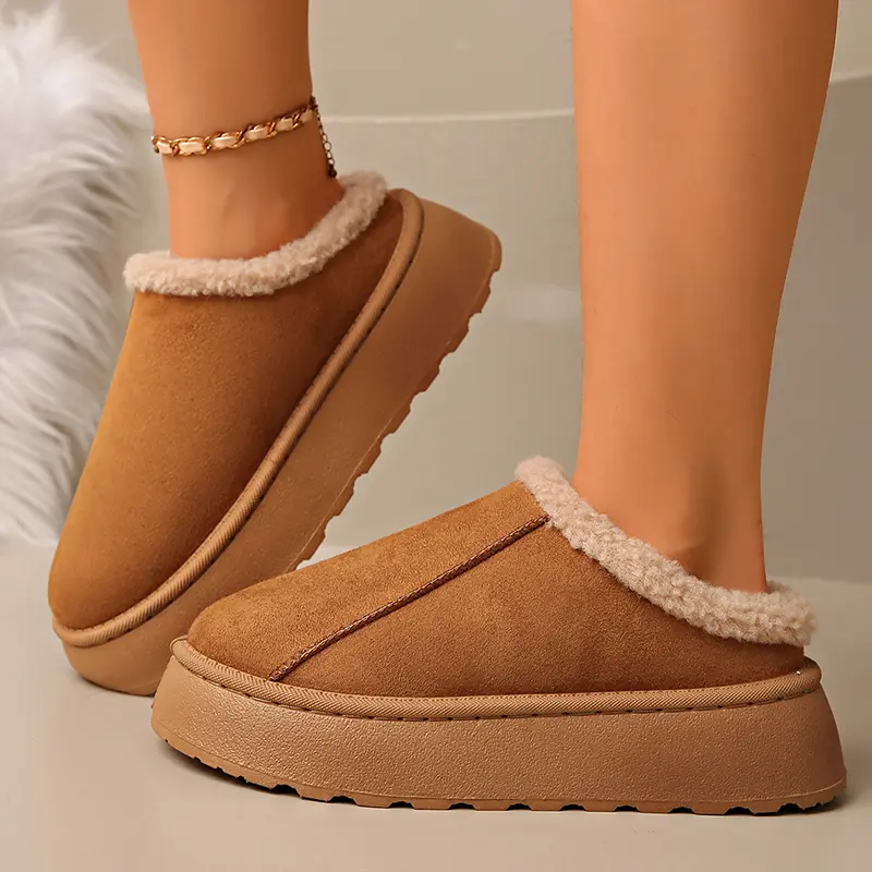 Faux Suede Winter Warm Snow Boots Women Plus Size Thicken Plush Cotton Padded Slippers Thick Sole Non Slip Platform Casual Shoes