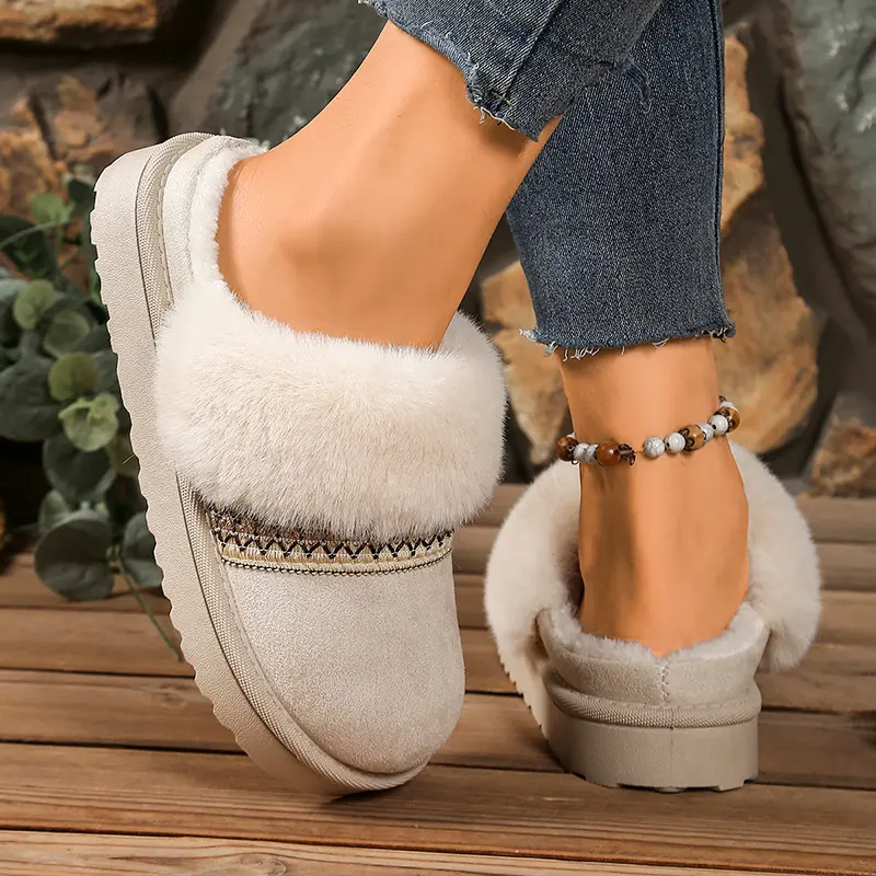 Stripe Faux Fur Platform Cotton Slippers Women Faux Suede Thicken Plush Home Slippers Winter Warm Thick Sole Anti Slip Slides