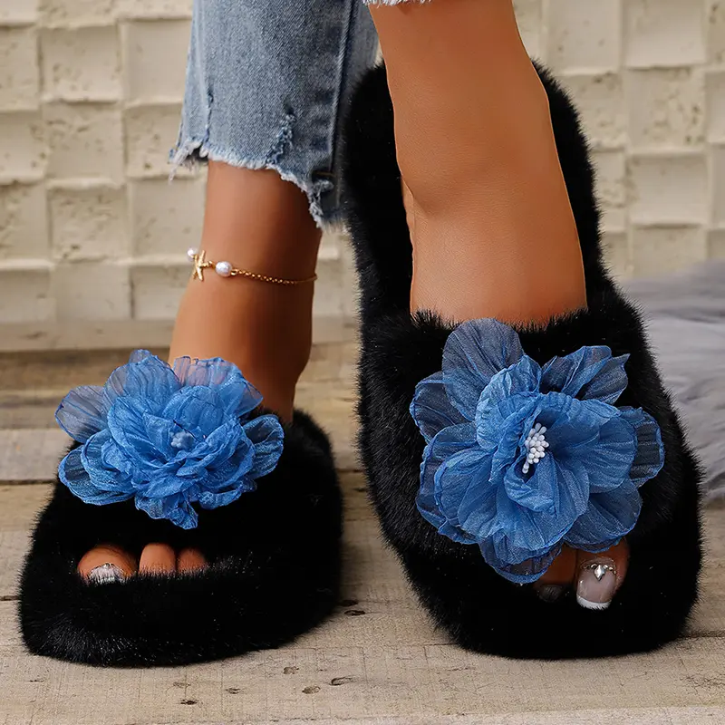 Blue Flower Flat Indoor Slippers Women Fluffy Fur Thicken Plush Cotton Slippers Woman Winter Warm Thick Sole Platform Slides
