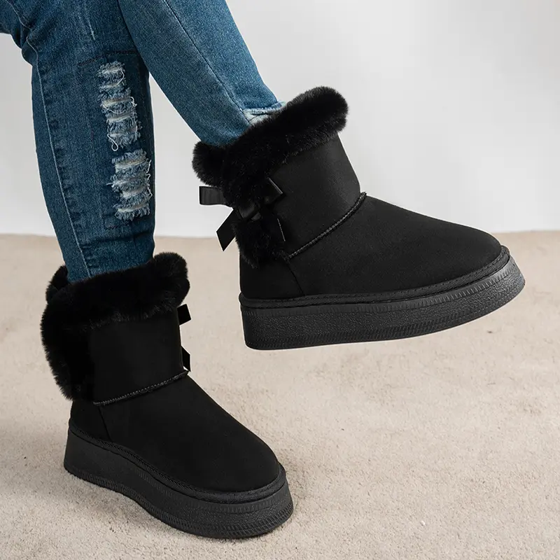 Bowtie Faux Suede Ankle Boots Women Warm Fur Thicken Plush Cotton Padded Snow Boots Thick Sole Chunky Platform Casual Shoes