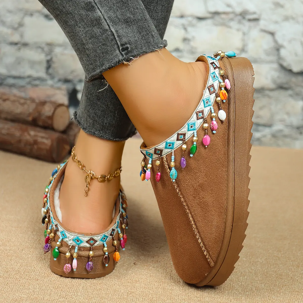 Bohemian Style Decor Platform Cotton Shoes Women 2025 Winter Warm Plush Closed Toe Slippers Woman Thick Bottom Outdoor Slippers