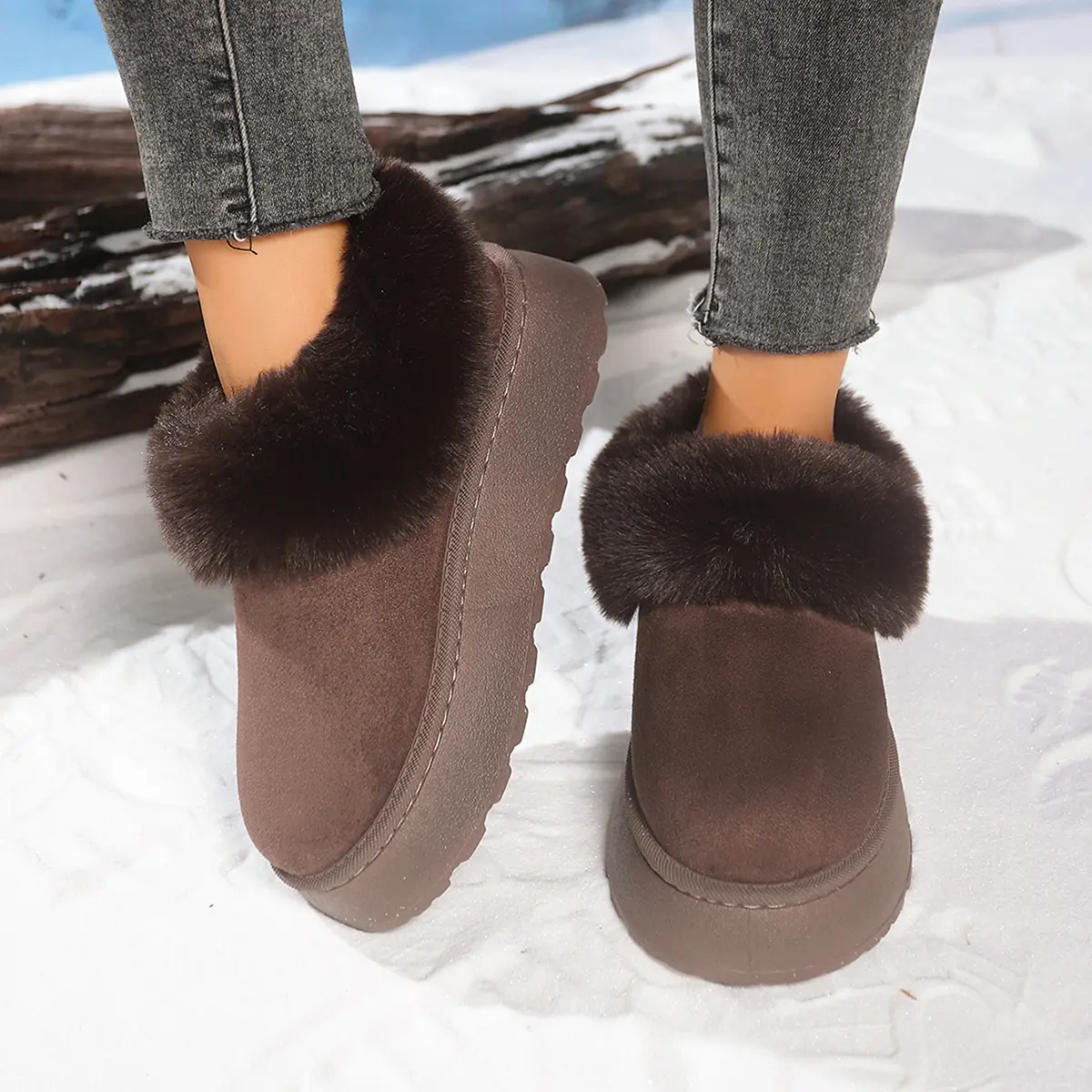 Faux Fur Chunky Platform Snow Boots Women 2025 Winter Thick Bottom Cotton Boots Woman Non Slip Thicken Plush Ankle Botas Mujer
