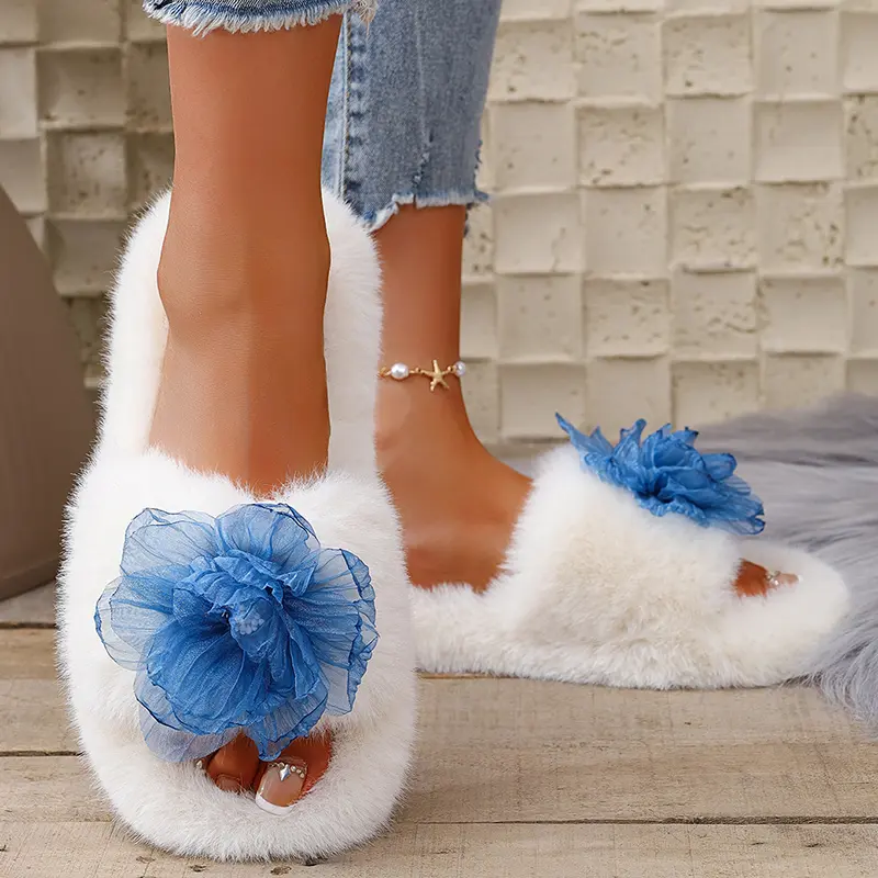 Blue Flower Flat Indoor Slippers Women Fluffy Fur Thicken Plush Cotton Slippers Woman Winter Warm Thick Sole Platform Slides