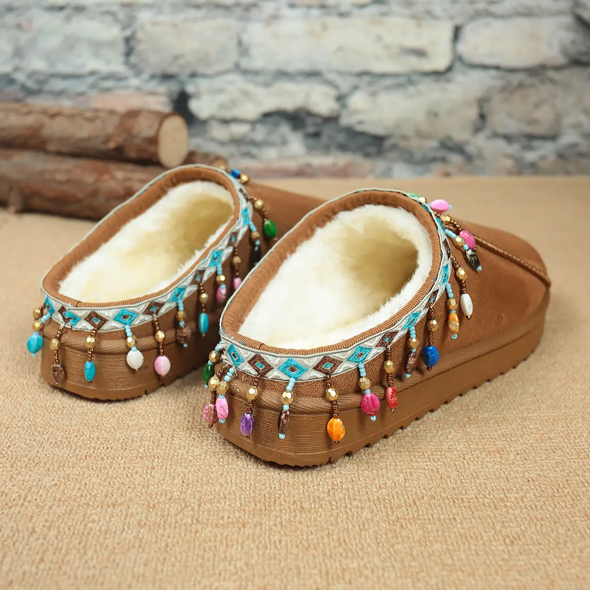 Bohemian Style Decor Platform Cotton Shoes Women 2025 Winter Warm Plush Closed Toe Slippers Woman Thick Bottom Outdoor Slippers