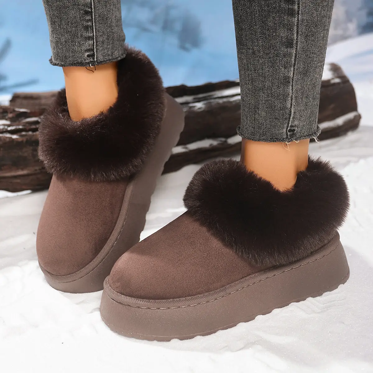 Faux Fur Chunky Platform Snow Boots Women 2025 Winter Thick Bottom Cotton Boots Woman Non Slip Thicken Plush Ankle Botas Mujer