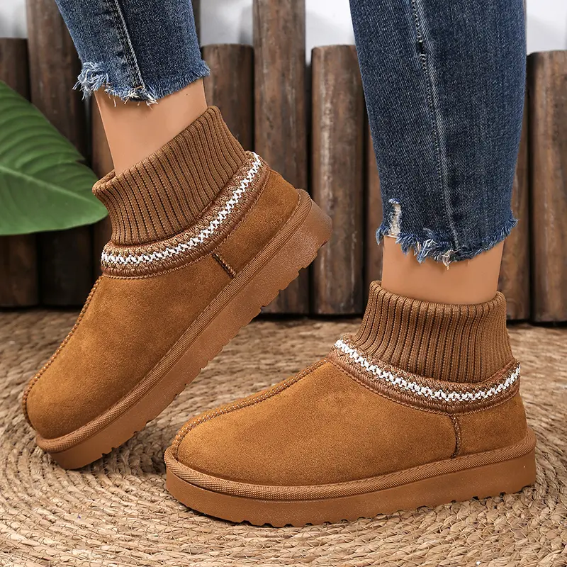 Faux Suede Stripe Ankle Boots Women Knitted Elastic Thicken Plush Snow Boots Woman Thick Sole Non Slip Platform Casual Shoes