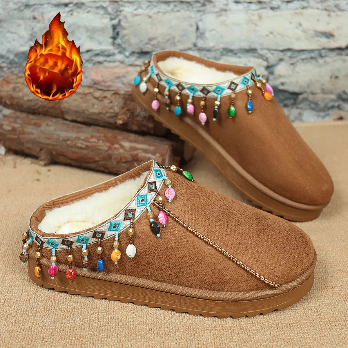 Bohemian Style Decor Platform Cotton Shoes Women 2025 Winter Warm Plush Closed Toe Slippers Woman Thick Bottom Outdoor Slippers
