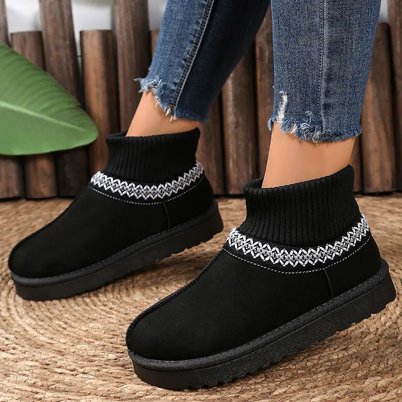 Faux Suede Stripe Ankle Boots Women Knitted Elastic Thicken Plush Snow Boots Woman Thick Sole Non Slip Platform Casual Shoes