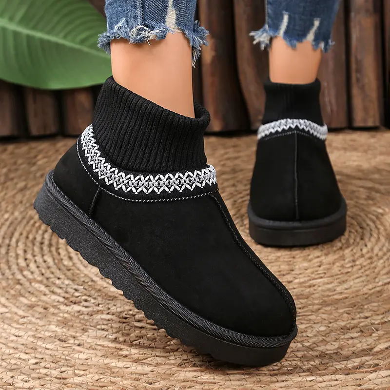 Faux Suede Stripe Ankle Boots Women Knitted Elastic Thicken Plush Snow Boots Woman Thick Sole Non Slip Platform Casual Shoes