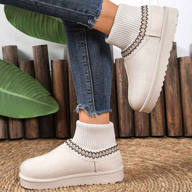 Faux Suede Stripe Ankle Boots Women Knitted Elastic Thicken Plush Snow Boots Woman Thick Sole Non Slip Platform Casual Shoes