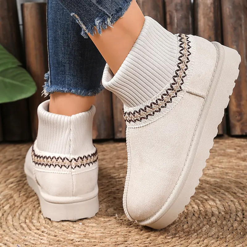 Faux Suede Stripe Ankle Boots Women Knitted Elastic Thicken Plush Snow Boots Woman Thick Sole Non Slip Platform Casual Shoes