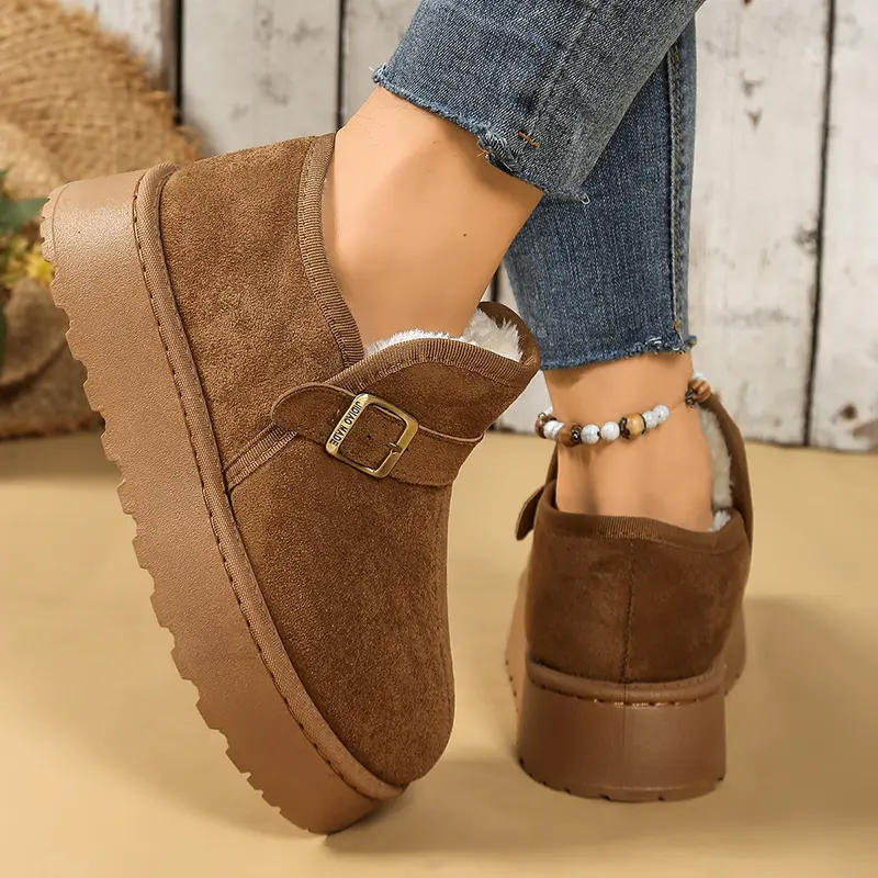 Buckle Faux Suede Thick Sole Snow Boots Women Winter Warm Thicken Plush Ankle Boots Woman Comfort Non Slip Platform Casual Shoe