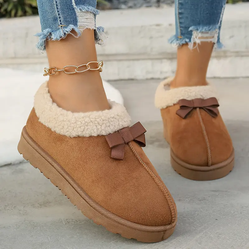 Bowtie Decor Faux Suede Ankle Boots Women Winter Warm Thick Sole Platform Snow Boots Woman Plus Size Thicken Plush Cotton Shoes