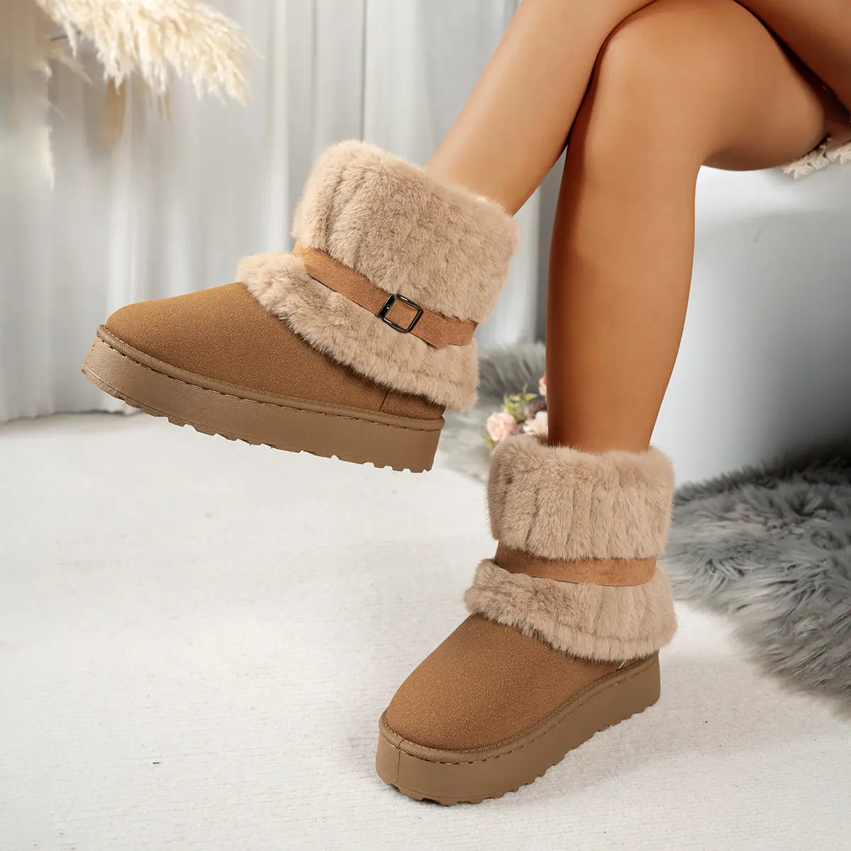 Women Thick Sole Faux Fur Snow Boots Winter Warm Thick Plush Cotton Shoes Woman Comfortanle Non Slip Platform Ankle Botas Mujer