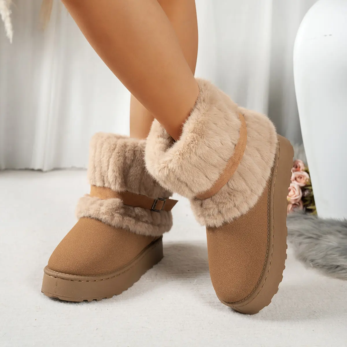 Women Thick Sole Faux Fur Snow Boots Winter Warm Thick Plush Cotton Shoes Woman Comfortanle Non Slip Platform Ankle Botas Mujer