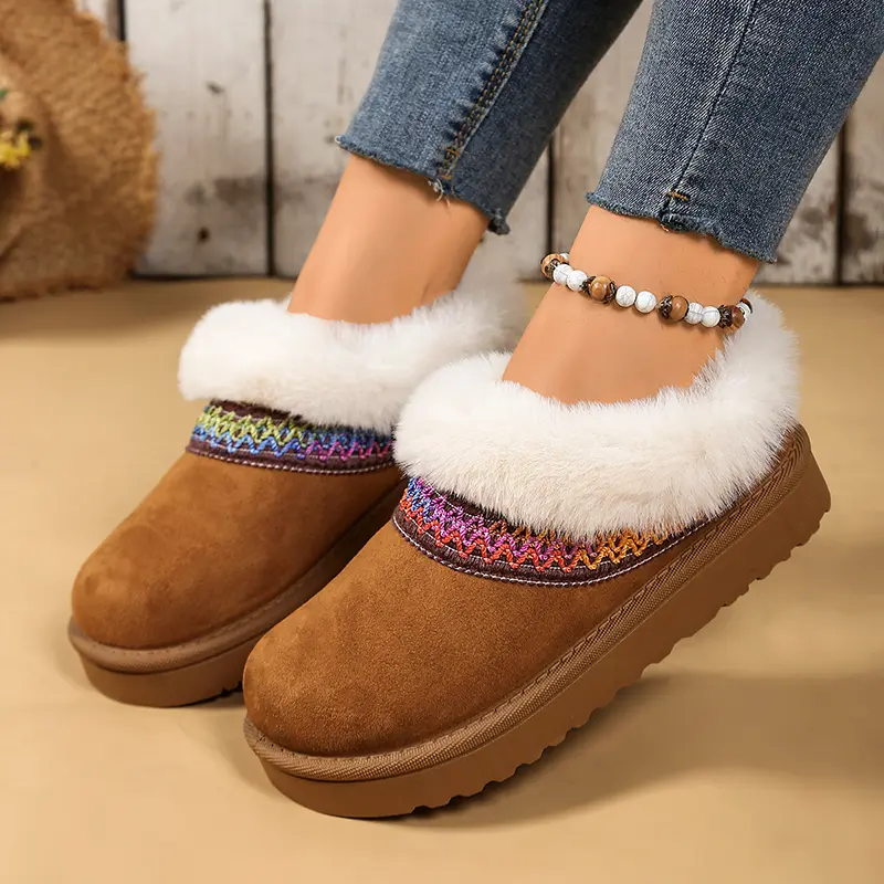 Fluffy Fur Stripe Decor Ankle Boots Women Winter Warm Thicken Plush Snow Boots Woman Plus Size Thick Sole Platform Cotton Shoes