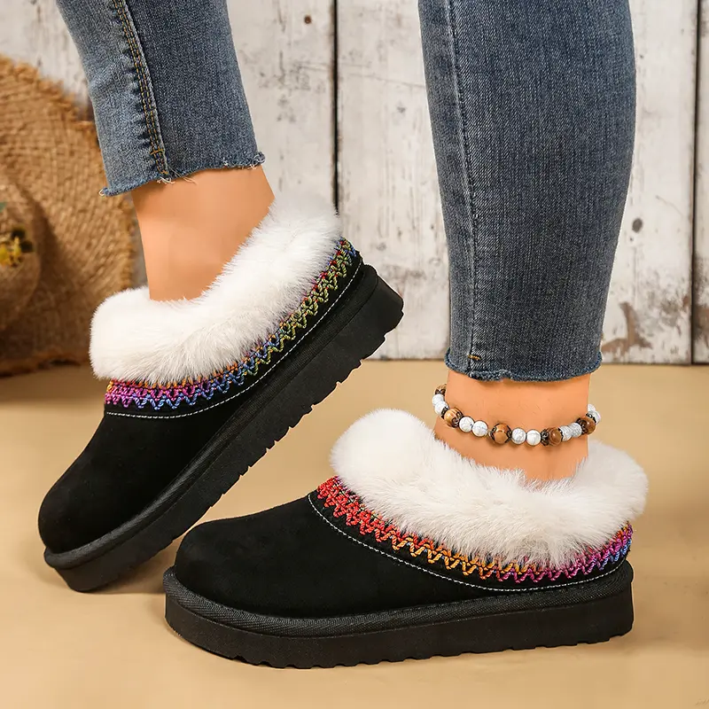 Fluffy Fur Stripe Decor Ankle Boots Women Winter Warm Thicken Plush Snow Boots Woman Plus Size Thick Sole Platform Cotton Shoes