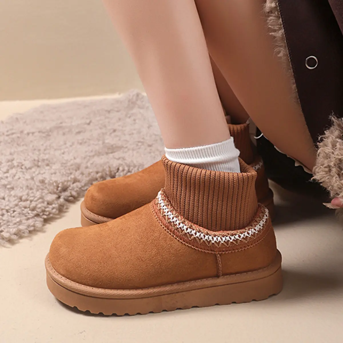 Retro Flat Heels Snow Boots for Women 2025 Winter Warm Thicken Plush Sock Ankle Boots Woman Non Slip Thick Bottom Cotton Shoes