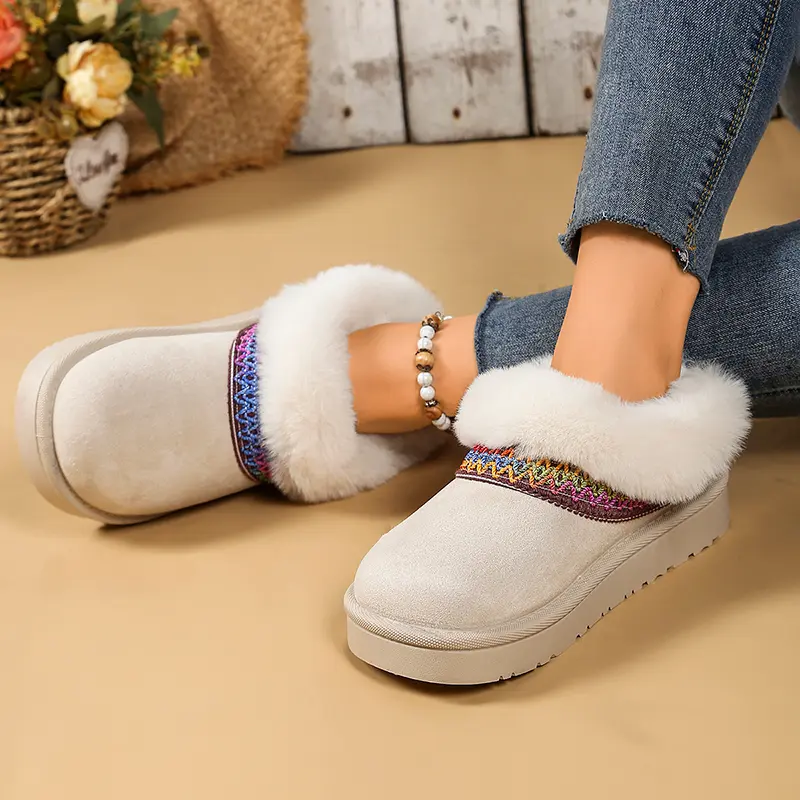 Fluffy Fur Stripe Decor Ankle Boots Women Winter Warm Thicken Plush Snow Boots Woman Plus Size Thick Sole Platform Cotton Shoes