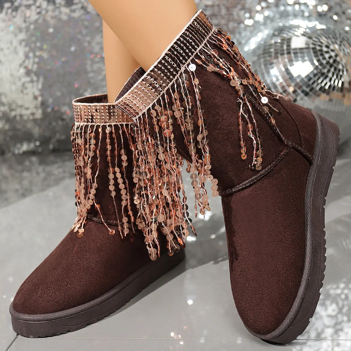 Fashion Sequins Tassels Snow Boots for Women 2025 Winter Slip On Mid Calf Boots Woman Warm Thick Plush Cotton Padded Shoes
