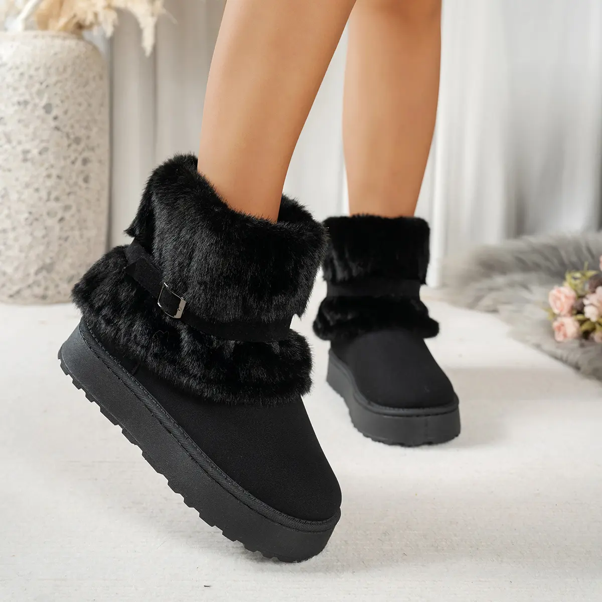 Women Thick Sole Faux Fur Snow Boots Winter Warm Thick Plush Cotton Shoes Woman Comfortanle Non Slip Platform Ankle Botas Mujer