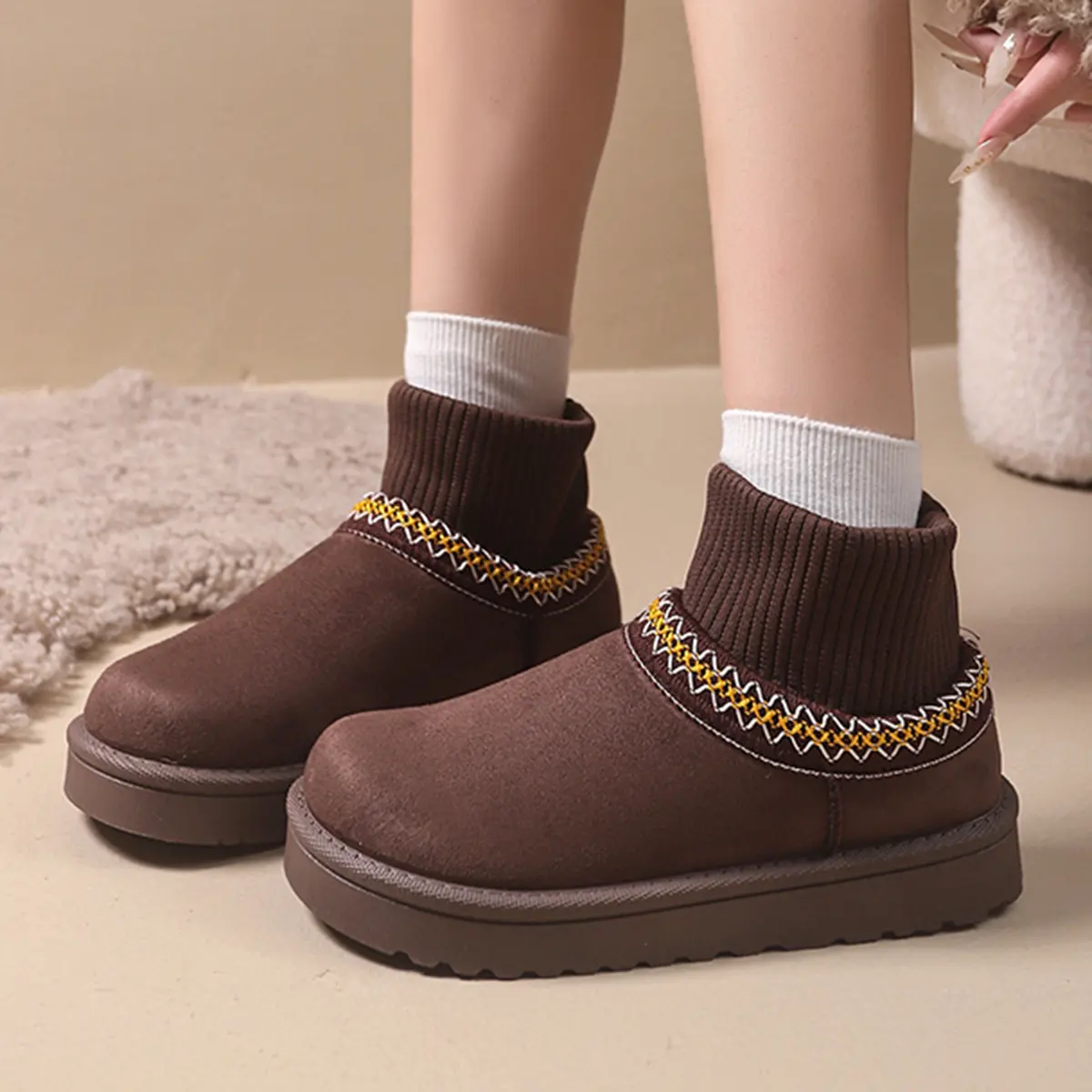 Retro Flat Heels Snow Boots for Women 2025 Winter Warm Thicken Plush Sock Ankle Boots Woman Non Slip Thick Bottom Cotton Shoes