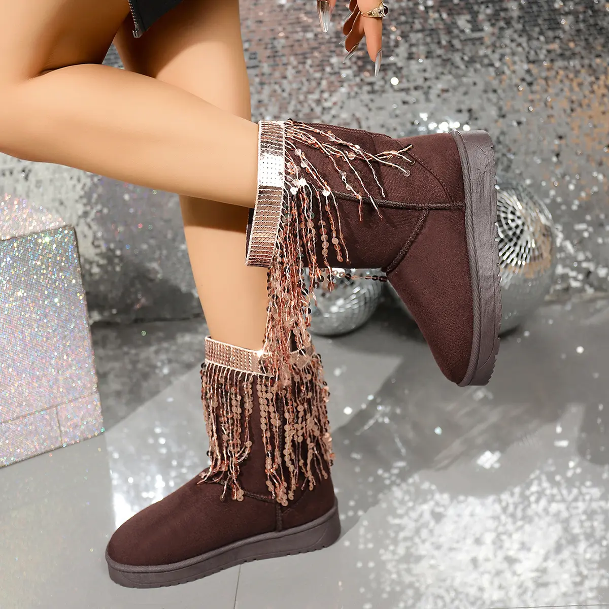 Fashion Sequins Tassels Snow Boots for Women 2025 Winter Slip On Mid Calf Boots Woman Warm Thick Plush Cotton Padded Shoes