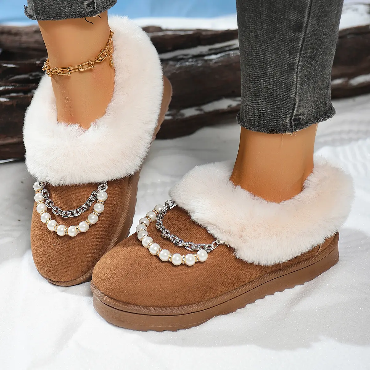 Pearl Chain Decor Thick Bottom Cotton Shoes Women 2025 Winter Warm Thicken Plush Snow Boots Woman Faux Fur Non Slip Ankle Boots