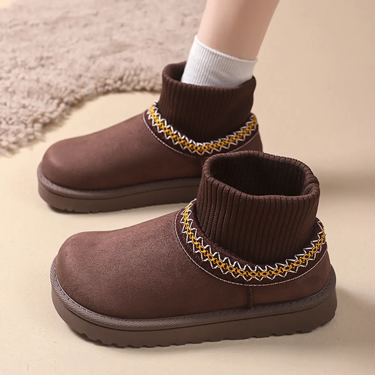 Retro Flat Heels Snow Boots for Women 2025 Winter Warm Thicken Plush Sock Ankle Boots Woman Non Slip Thick Bottom Cotton Shoes