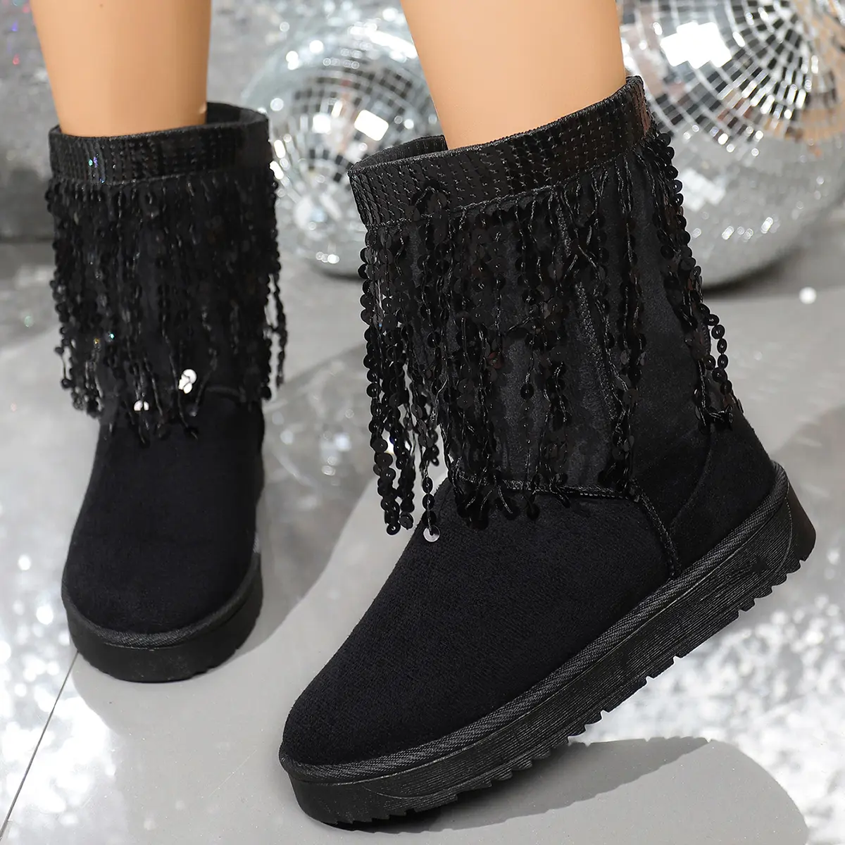 Fashion Sequins Tassels Snow Boots for Women 2025 Winter Slip On Mid Calf Boots Woman Warm Thick Plush Cotton Padded Shoes