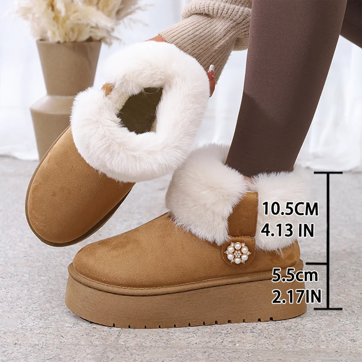 Pearl Flower Decor Snow Boots Women 2025 Winter Warm Thicken Plush Cotton Shoes Woman Non Slip Platform Ankle Boots