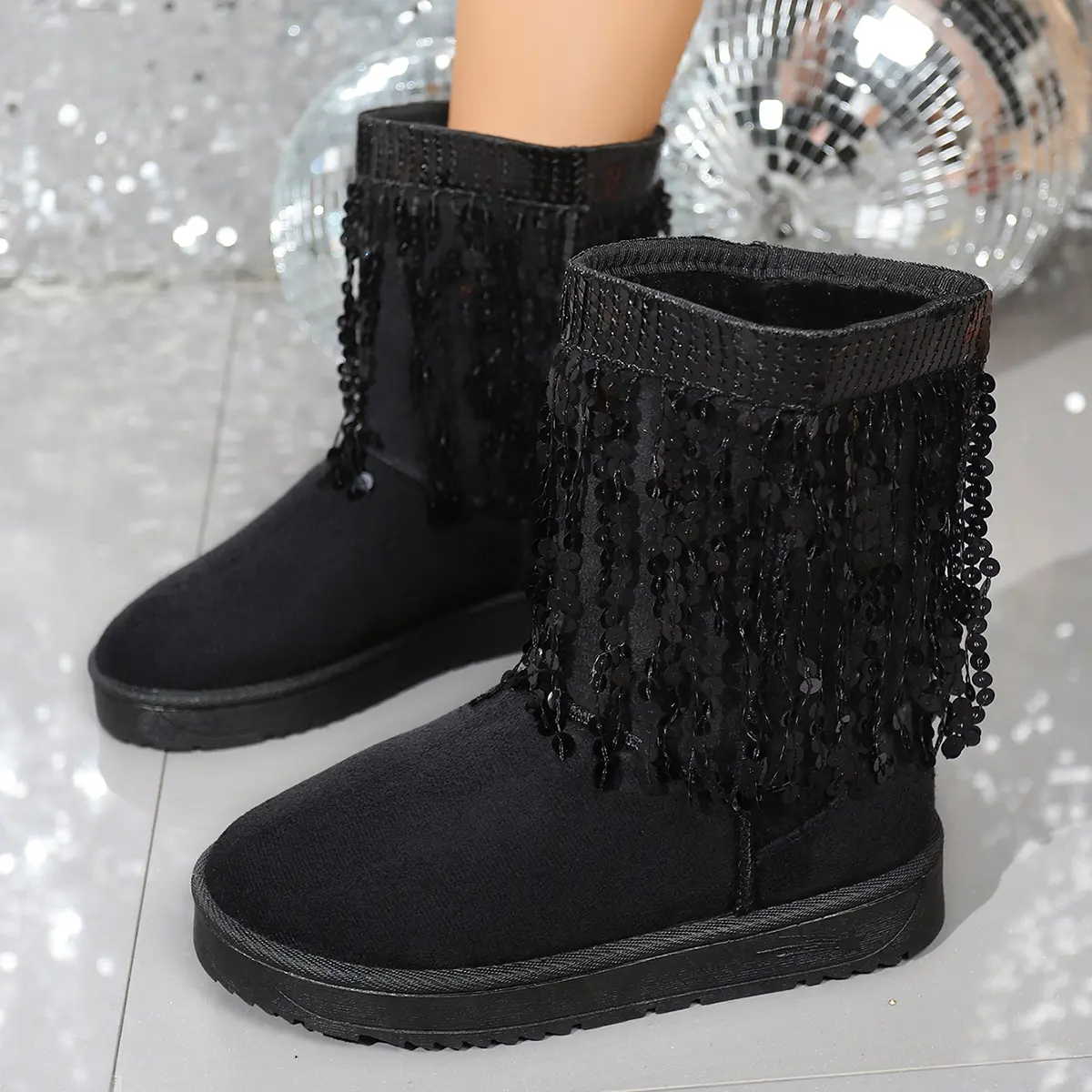 Fashion Sequins Tassels Snow Boots for Women 2025 Winter Slip On Mid Calf Boots Woman Warm Thick Plush Cotton Padded Shoes